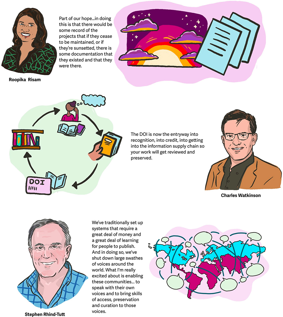 Illustrated portraits of three individuals with accompanying quotes about preserving projects, D O I recognition, and amplifying global voices.