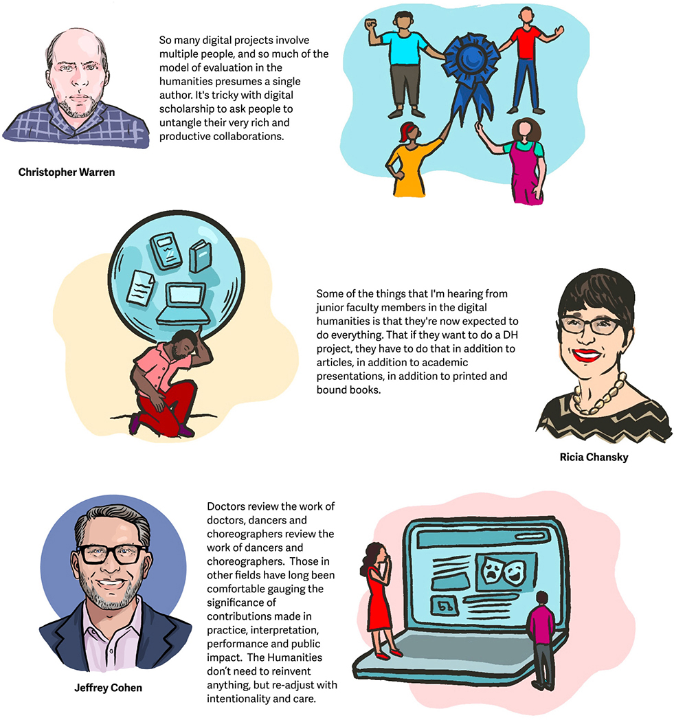 Illustration featuring three individuals, Christopher Warren, Ricia Chansky, and Jeffrey Cohen, alongside quotes about challenges and perspectives in digital humanities.