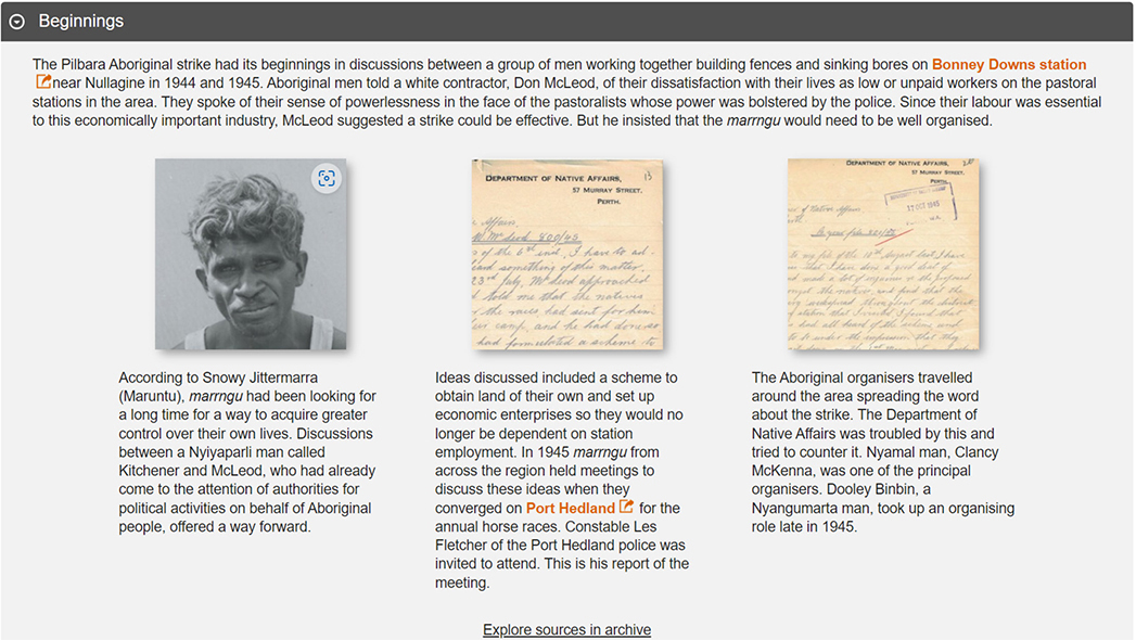 A screenshot of a page describing the beginnings of the Pilbara Aboriginal strike in 1944-1945, highlighting discussions among Aboriginal workers, their dissatisfaction with working conditions, and the organization of a strike.