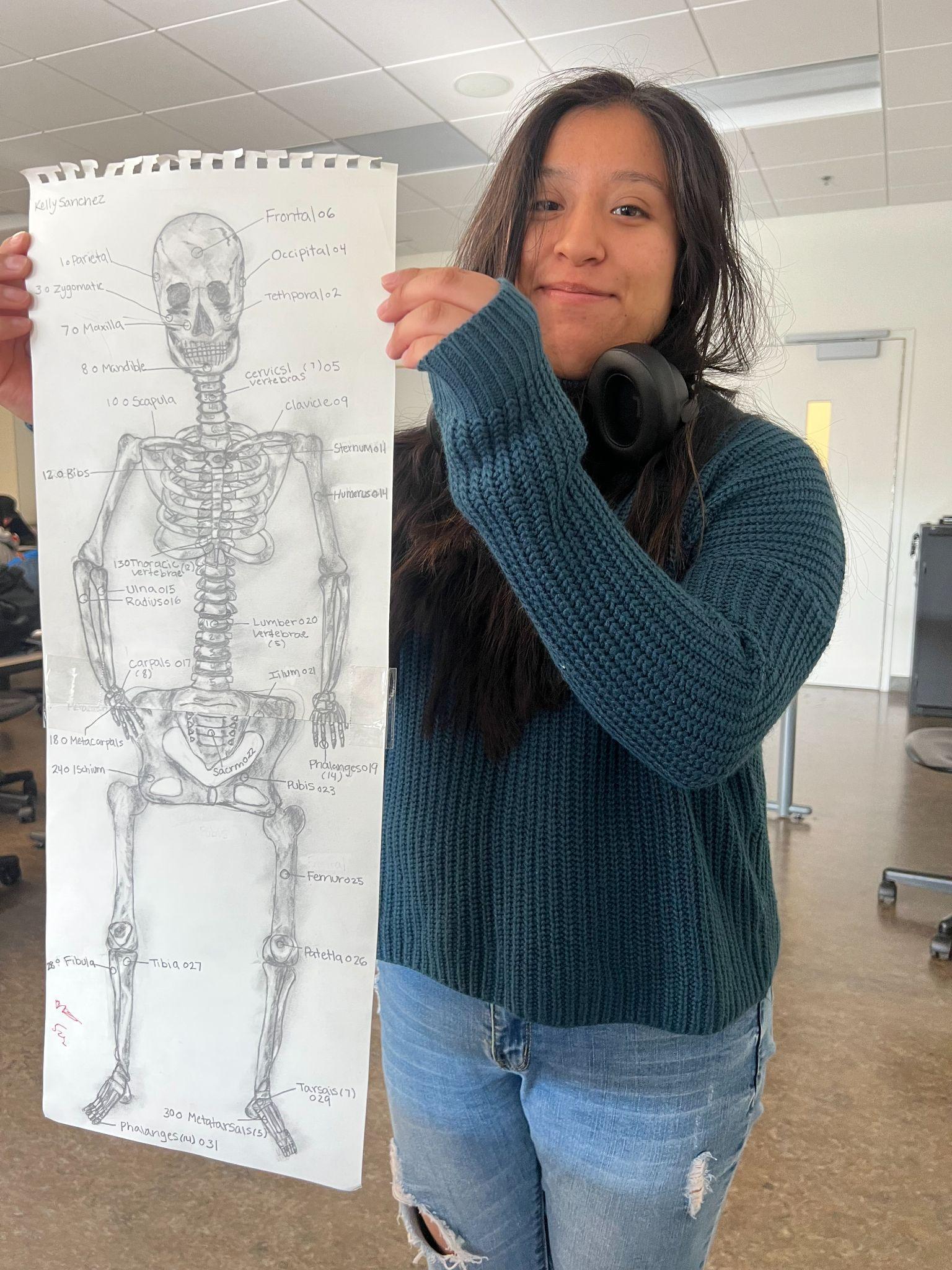 Young person with dark hair and green sweater holding up skeleton drawing