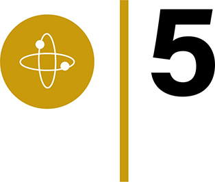 An icon representing two atoms circulating on two circular pathways, a vertical line, and number 5 are arranged in a row.