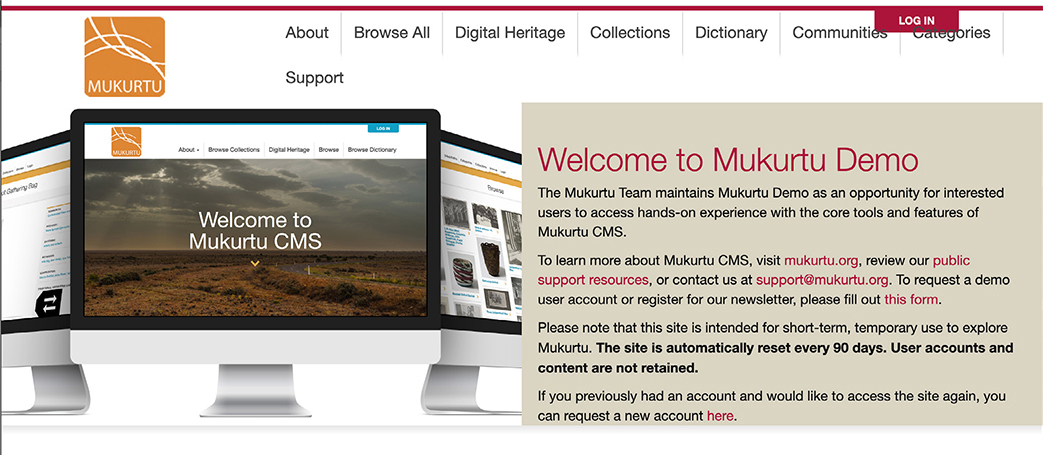 A screenshot of the Mukurtu Demo website homepage, showcasing its interface and features for exploring Mukurtu C M S. To the right, a text box is titled “Welcome to Mukurtu Demo.”