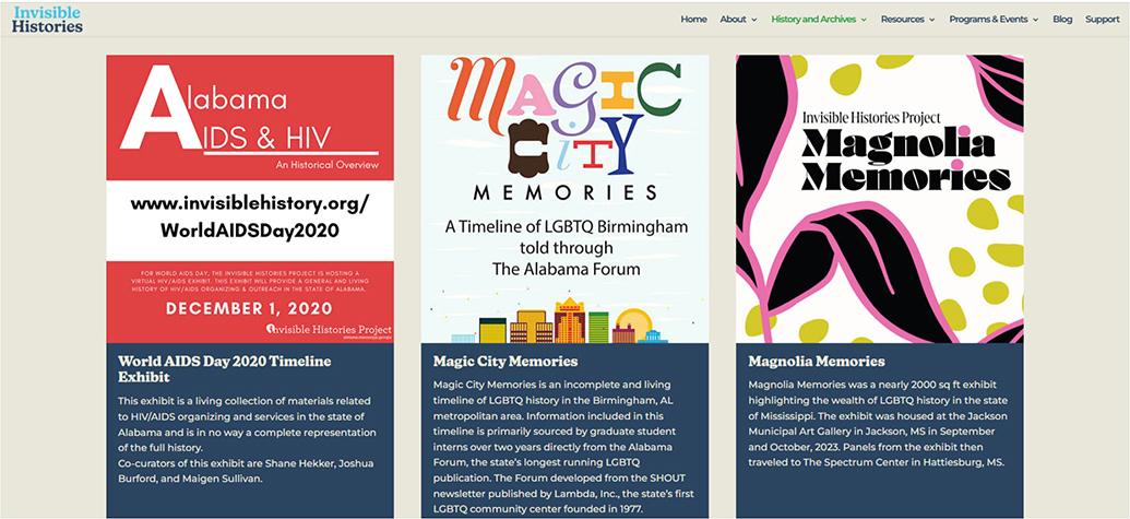 Three promotional graphics for Invisible Histories Project exhibits, including Alabama AIDS and H I V, Magic City Memories, and Magnolia Memories.