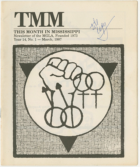 A newsletter cover titled “This Month in Mississippi” from March 1987, featuring a graphic of a raised fist holding interlocked gender symbols.